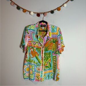 Vtg Bob Mackie colorful tropical silk button down shirt